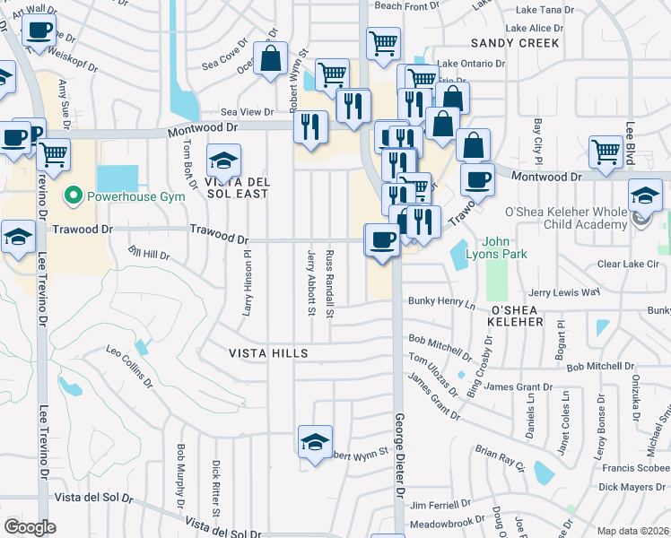 map of restaurants, bars, coffee shops, grocery stores, and more near 1738 Russ Randall Street in El Paso