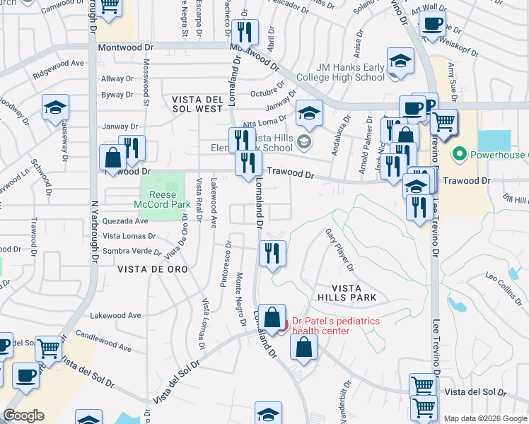 map of restaurants, bars, coffee shops, grocery stores, and more near 10811 Poza Rica Court in El Paso