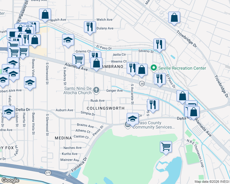 map of restaurants, bars, coffee shops, grocery stores, and more near 128 Cargill Street in El Paso