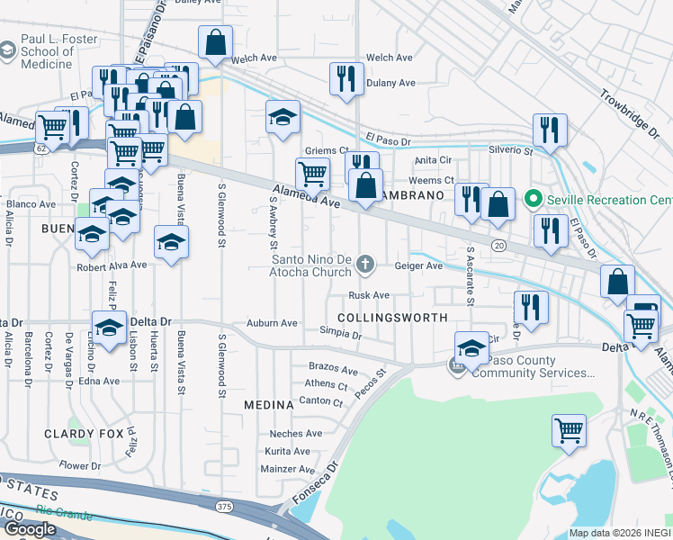 map of restaurants, bars, coffee shops, grocery stores, and more near 175 South Maryland Street in El Paso