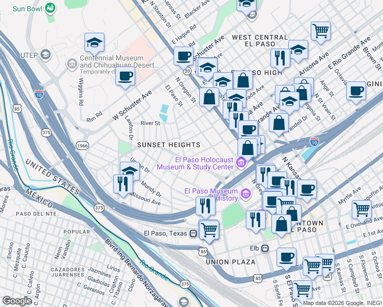 map of restaurants, bars, coffee shops, grocery stores, and more near 1108 Terrace Court in El Paso
