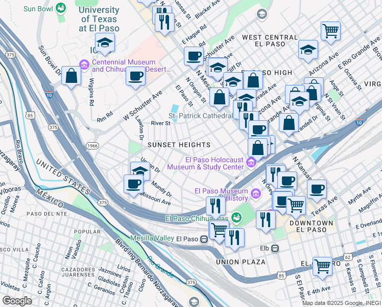 map of restaurants, bars, coffee shops, grocery stores, and more near 1121 Los Angeles Drive in El Paso