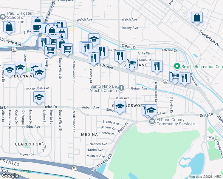 map of restaurants, bars, coffee shops, grocery stores, and more near 175 South Maryland Street in El Paso