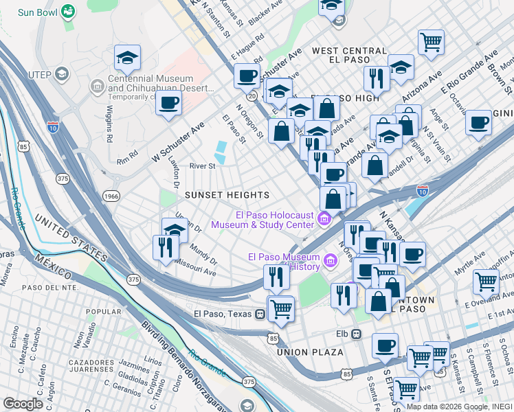map of restaurants, bars, coffee shops, grocery stores, and more near 1108 Terrace Court in El Paso