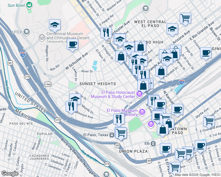 map of restaurants, bars, coffee shops, grocery stores, and more near 321 West Rio Grande Avenue in El Paso