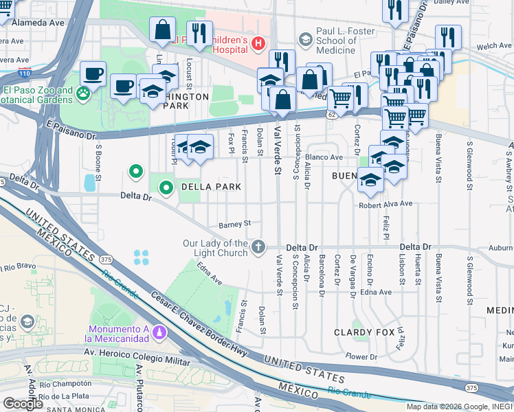 map of restaurants, bars, coffee shops, grocery stores, and more near 367 Dolan Street in El Paso
