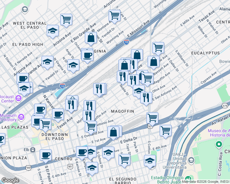 map of restaurants, bars, coffee shops, grocery stores, and more near in El Paso