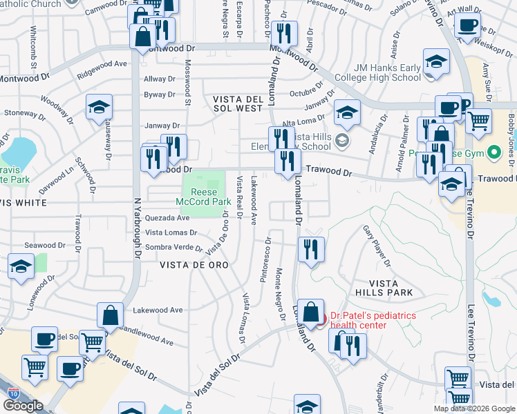 map of restaurants, bars, coffee shops, grocery stores, and more near 11004 Lakewood Avenue in El Paso