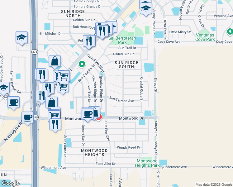 map of restaurants, bars, coffee shops, grocery stores, and more near 12517 Sun Spirit Drive in El Paso