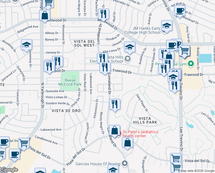 map of restaurants, bars, coffee shops, grocery stores, and more near 1799 Villa Santos Circle in El Paso