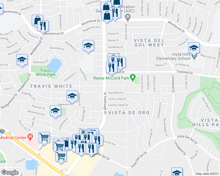map of restaurants, bars, coffee shops, grocery stores, and more near 10601 Springwood Drive in El Paso