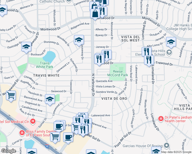 map of restaurants, bars, coffee shops, grocery stores, and more near 10601 Springwood Drive in El Paso