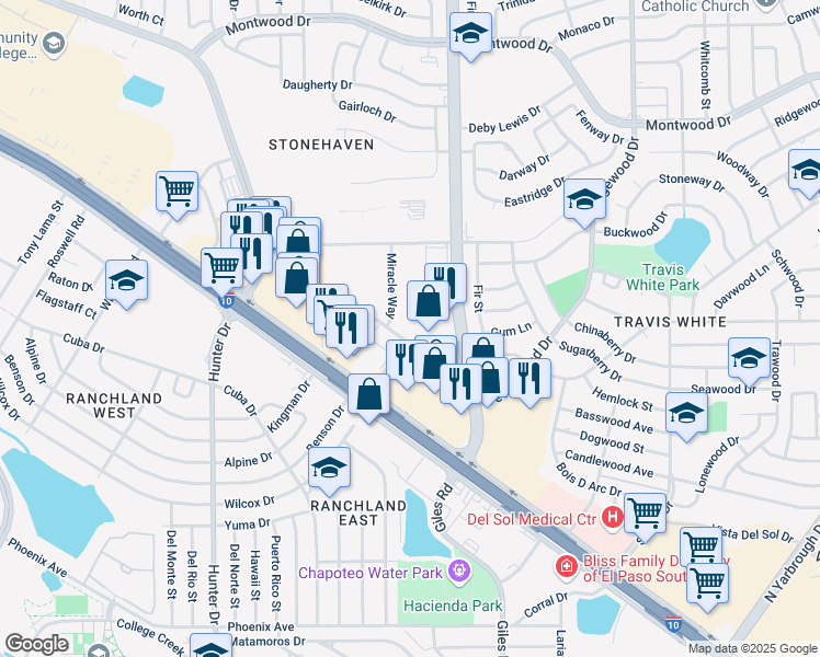map of restaurants, bars, coffee shops, grocery stores, and more near 9615 Sims Drive in El Paso