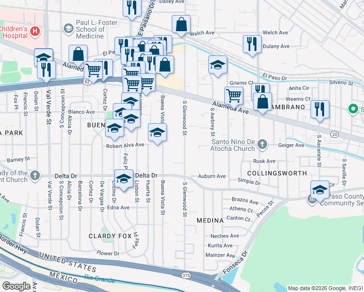 map of restaurants, bars, coffee shops, grocery stores, and more near 180 South Glenwood Street in El Paso
