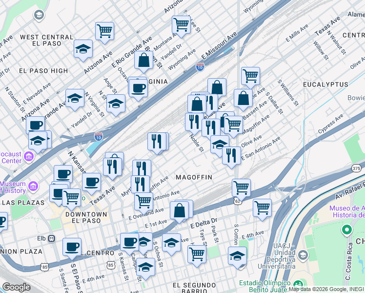 map of restaurants, bars, coffee shops, grocery stores, and more near in El Paso