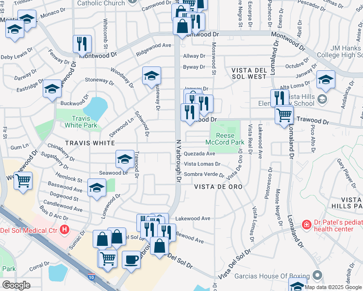 map of restaurants, bars, coffee shops, grocery stores, and more near 10600 Springwood Drive in El Paso
