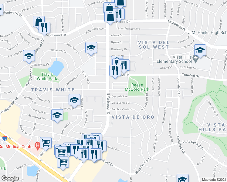 map of restaurants, bars, coffee shops, grocery stores, and more near 10608 Springwood Drive in El Paso