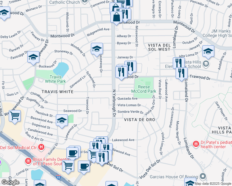 map of restaurants, bars, coffee shops, grocery stores, and more near 10600 Springwood Drive in El Paso
