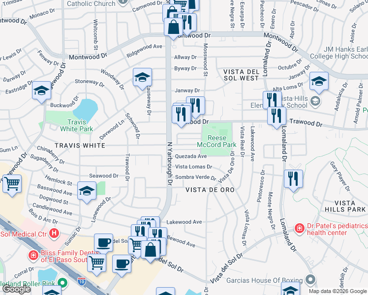 map of restaurants, bars, coffee shops, grocery stores, and more near 10616 Springwood Drive in El Paso