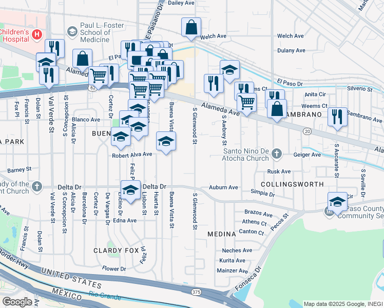 map of restaurants, bars, coffee shops, grocery stores, and more near 180 South Glenwood Street in El Paso