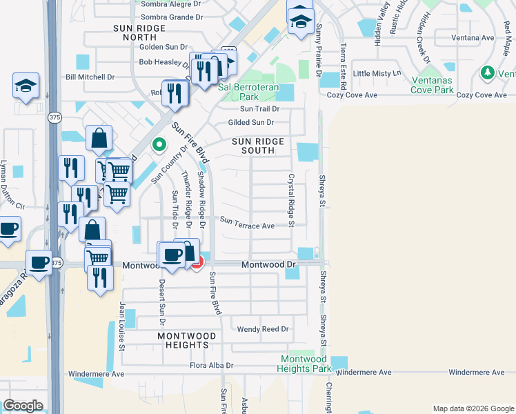 map of restaurants, bars, coffee shops, grocery stores, and more near 12605 Sun Spirit Drive in El Paso