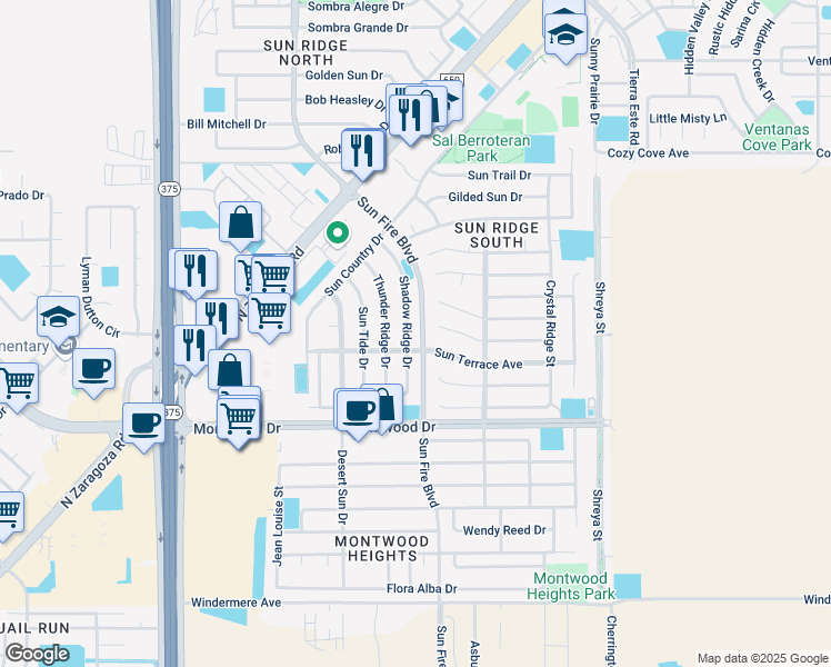 map of restaurants, bars, coffee shops, grocery stores, and more near 2016 Shadow Ridge Drive in El Paso