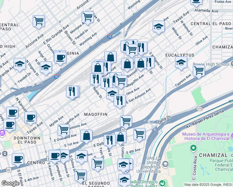 map of restaurants, bars, coffee shops, grocery stores, and more near 1314 Magoffin Avenue in El Paso