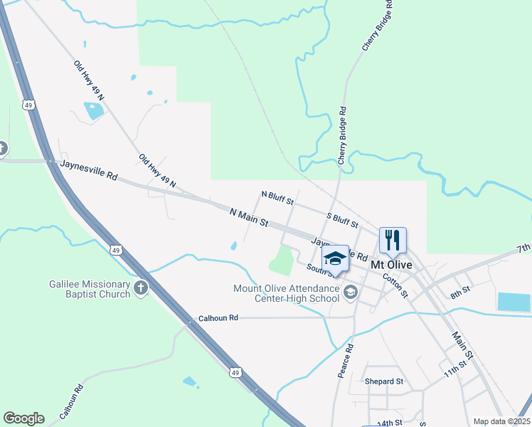 map of restaurants, bars, coffee shops, grocery stores, and more near 101-199 North Main Street in Mount Olive