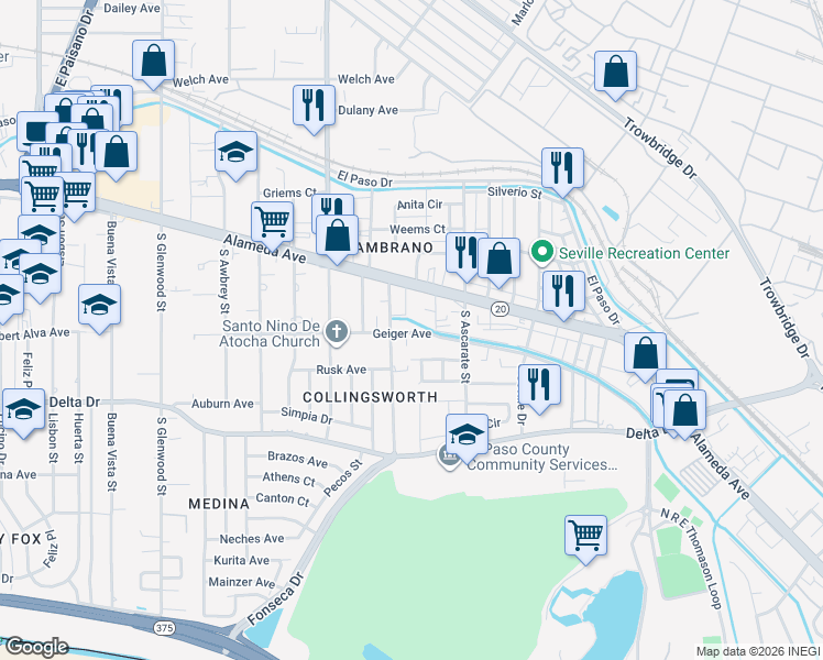 map of restaurants, bars, coffee shops, grocery stores, and more near 128 Cargill Street in El Paso