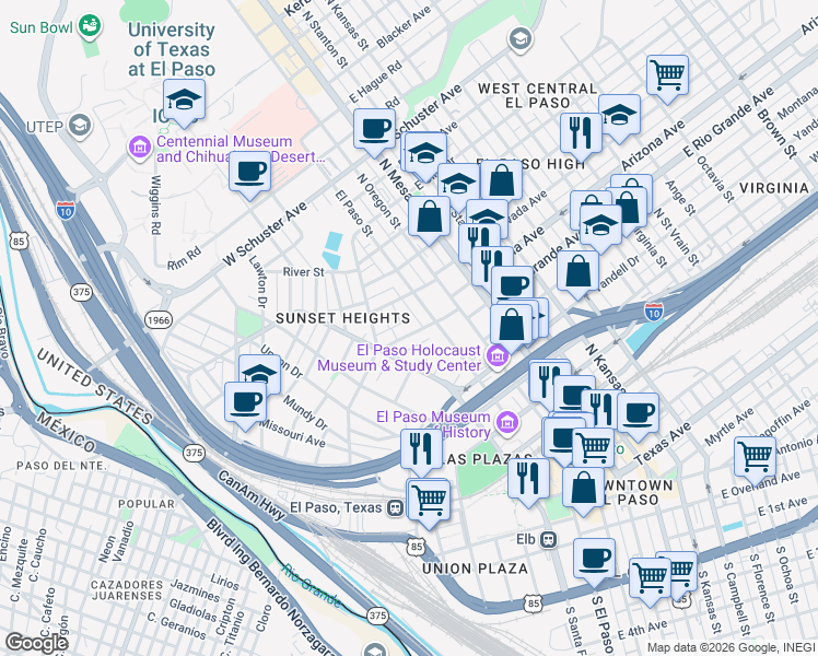 map of restaurants, bars, coffee shops, grocery stores, and more near 1108 Terrace Court in El Paso