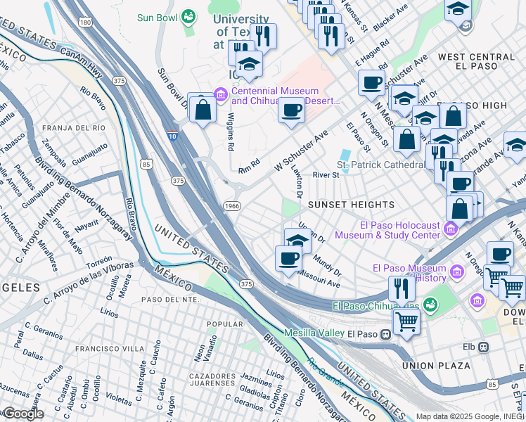 map of restaurants, bars, coffee shops, grocery stores, and more near 1517 Upson Drive in El Paso