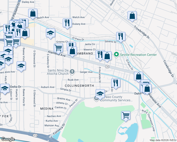 map of restaurants, bars, coffee shops, grocery stores, and more near 128 Cargill Street in El Paso