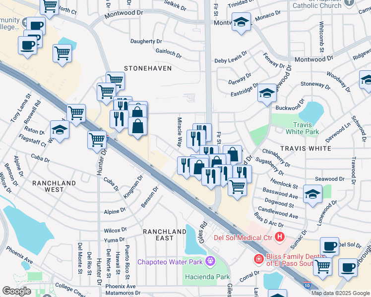 map of restaurants, bars, coffee shops, grocery stores, and more near 9615 Sims Drive in El Paso
