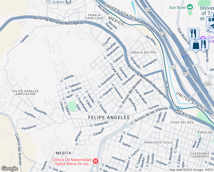 map of restaurants, bars, coffee shops, grocery stores, and more near Bellavista in Ciudad Juarez