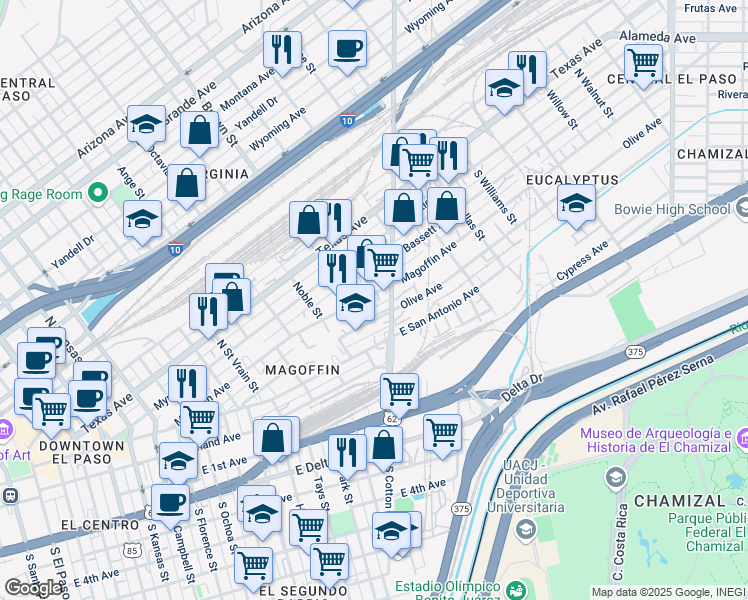 map of restaurants, bars, coffee shops, grocery stores, and more near 1314 Magoffin Avenue in El Paso