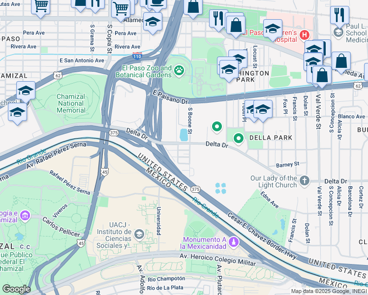 map of restaurants, bars, coffee shops, grocery stores, and more near 4034 Delta Drive in El Paso