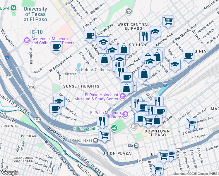 map of restaurants, bars, coffee shops, grocery stores, and more near 100 West Rio Grande Avenue in El Paso