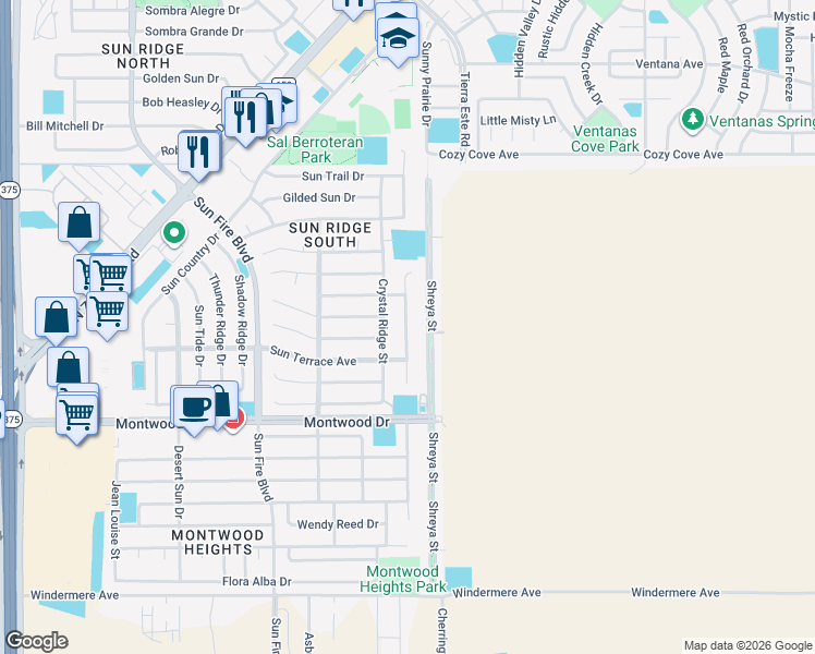 map of restaurants, bars, coffee shops, grocery stores, and more near 2025 Sun Chariot Street in El Paso