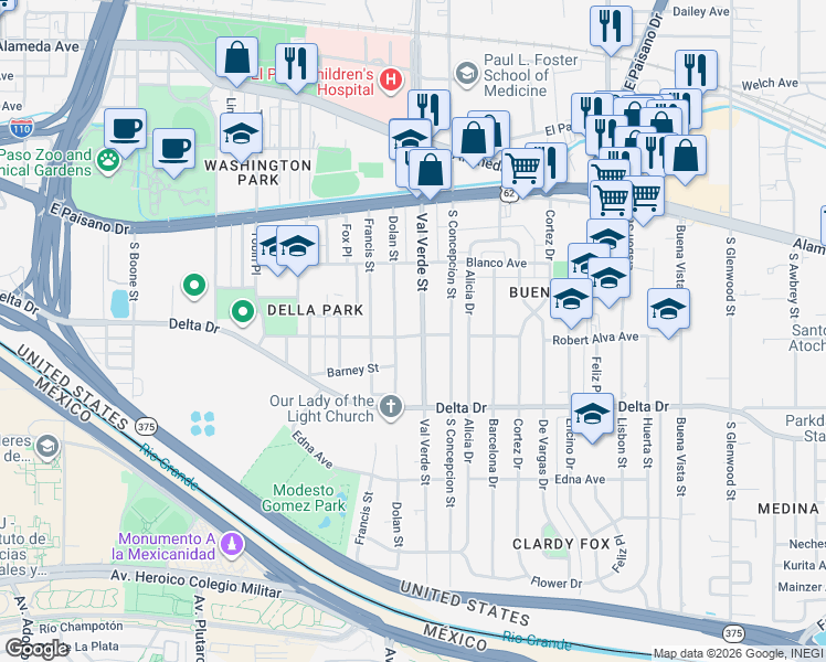 map of restaurants, bars, coffee shops, grocery stores, and more near 362 Val Verde Street in El Paso