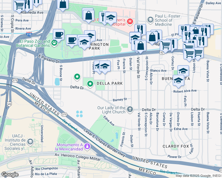 map of restaurants, bars, coffee shops, grocery stores, and more near 348 French Place in El Paso