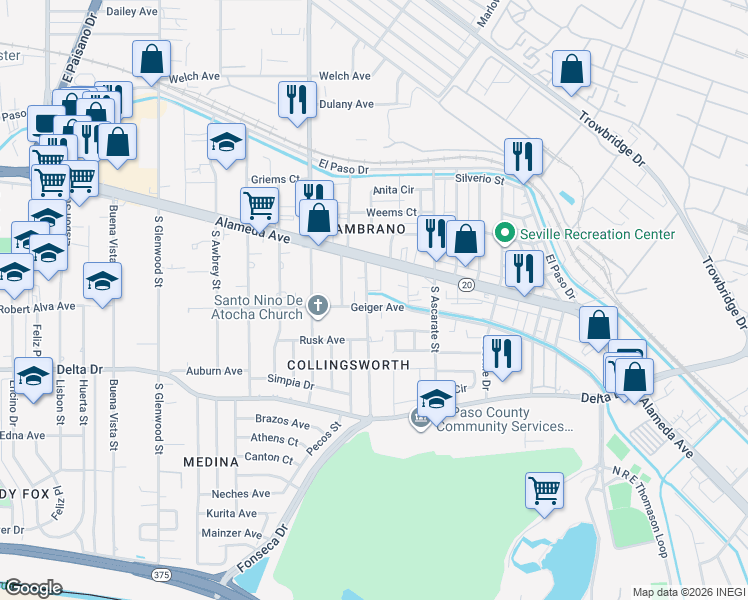 map of restaurants, bars, coffee shops, grocery stores, and more near 128 Cargill Street in El Paso