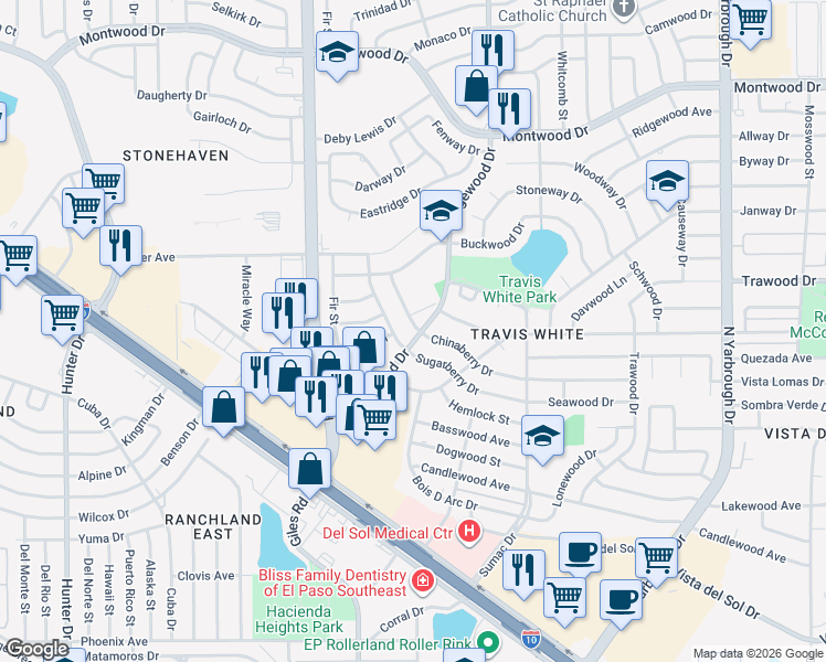 map of restaurants, bars, coffee shops, grocery stores, and more near 10016 Chinaberry Drive in El Paso
