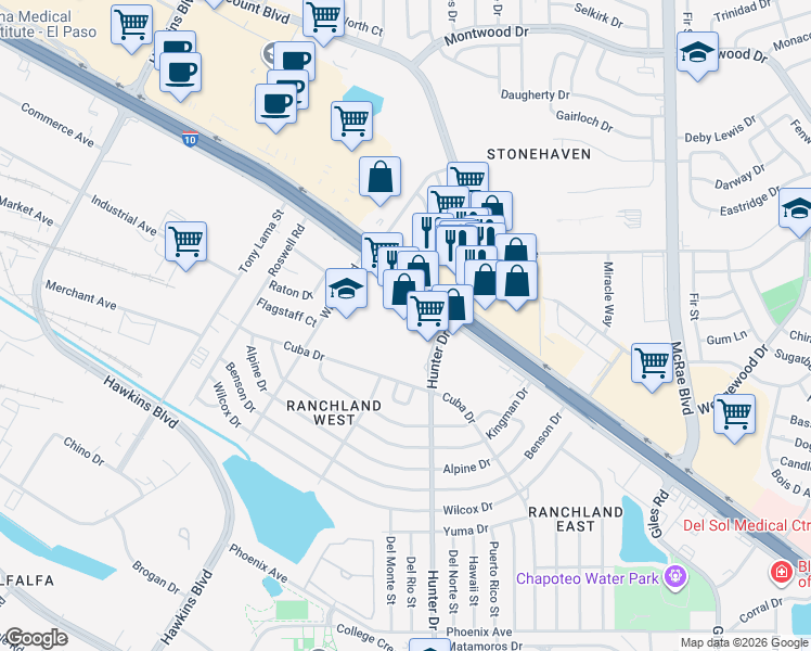 map of restaurants, bars, coffee shops, grocery stores, and more near 7428 Gateway Boulevard East in El Paso