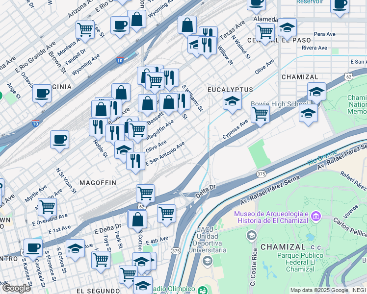map of restaurants, bars, coffee shops, grocery stores, and more near 1586 East San Antonio Avenue in El Paso