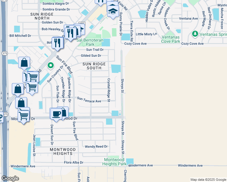 map of restaurants, bars, coffee shops, grocery stores, and more near 2025 Sun Chariot Street in El Paso
