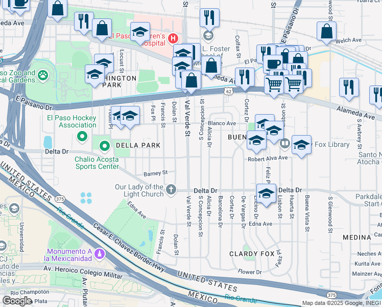 map of restaurants, bars, coffee shops, grocery stores, and more near 362 Val Verde Street in El Paso