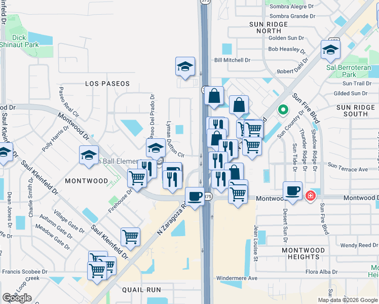 map of restaurants, bars, coffee shops, grocery stores, and more near 2153 Lyman Dutton Circle in El Paso