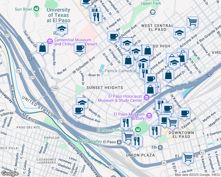 map of restaurants, bars, coffee shops, grocery stores, and more near 1121 Los Angeles Drive in El Paso