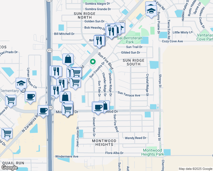 map of restaurants, bars, coffee shops, grocery stores, and more near 2016 Shadow Ridge Drive in El Paso