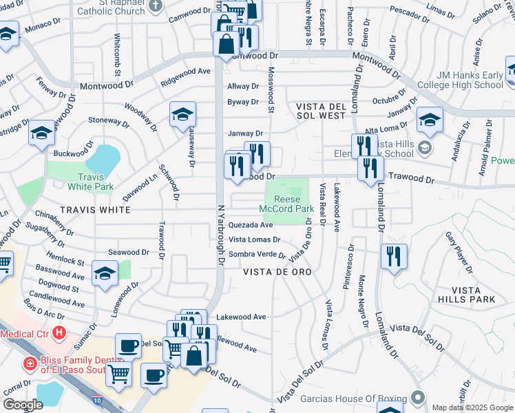 map of restaurants, bars, coffee shops, grocery stores, and more near 10621 Springwood Drive in El Paso